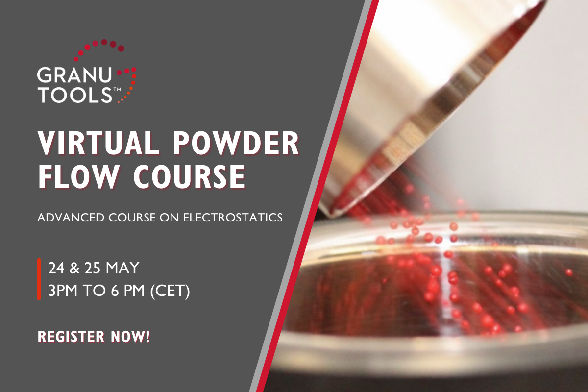 banner of granutools next powder flow course on electrostatics in May 2022